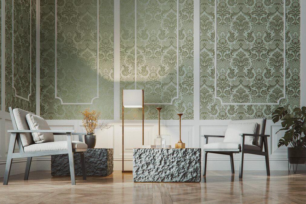 Elegant living room with patterned wallpaper.